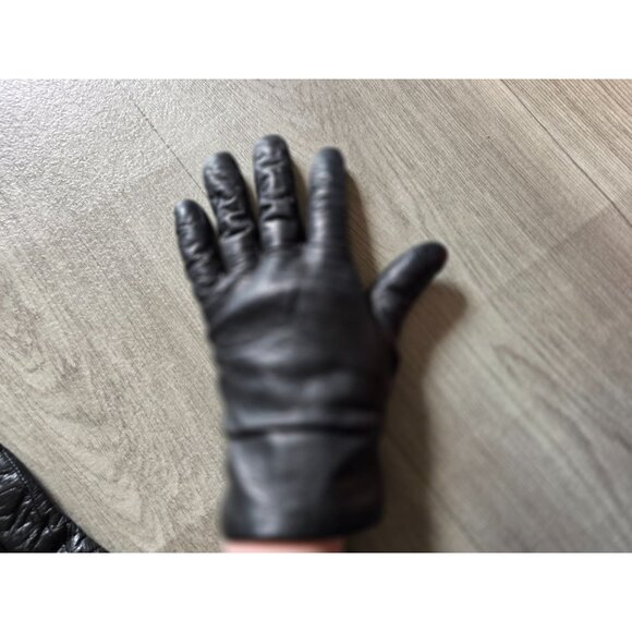 Vintage Black Leather Gloves Brown Wool Lining - Picture 3 of 5